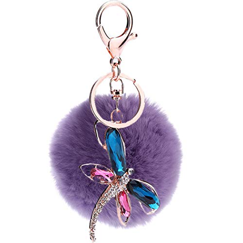 Canarea Schlüsselanhänger plüsch ball Taschenanhänger strass bommel Keychain,Elegant Strass Libelle Plüsch-Kugel Auto-Anhänger Glitzer Weich Pompom Schlüsselring (HellViolet) von Canarea