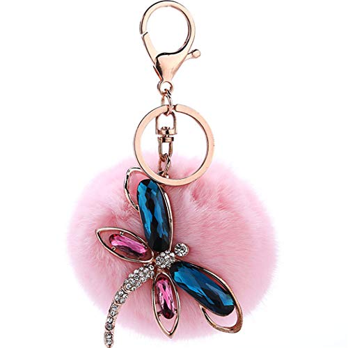 Canarea Schlüsselanhänger plüsch ball Taschenanhänger strass bommel Keychain ,Elegant Strass Libelle Plüsch-Kugel Auto-Anhänger Glitzer Weich Pompom Schlüsselring (PINK) von Canarea