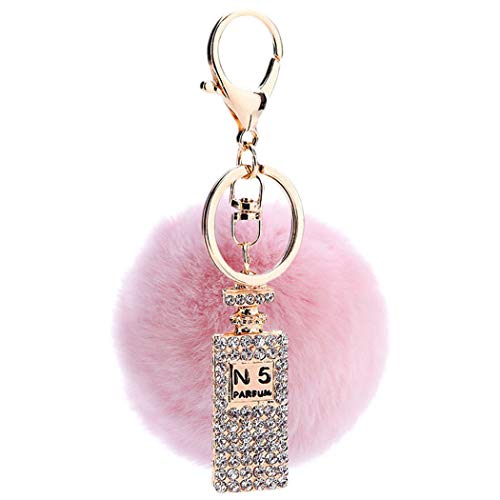 Canarea Schlüsselanhänger plüsch ball Taschenanhänger strass bommel Keychain Elegant Plüsch-Kugel Auto-Anhänger Pompom mit Strass Parfümflasche-Form Glitzer Weich Schlüsselring (Pink) von Canarea