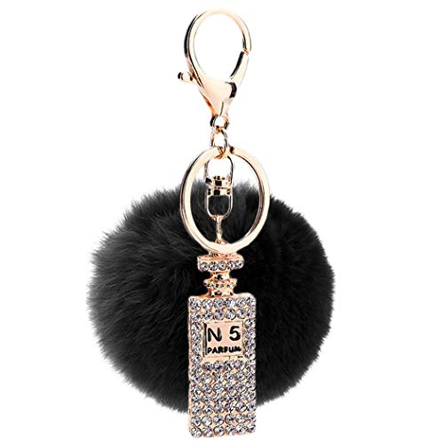 Canarea Schlüsselanhänger plüsch ball Taschenanhänger strass bommel Keychain Elegant Plüsch-Kugel Auto-Anhänger Pompom mit Strass Parfümflasche-Form Glitzer Weich Schlüsselring (Schwarz) von Canarea