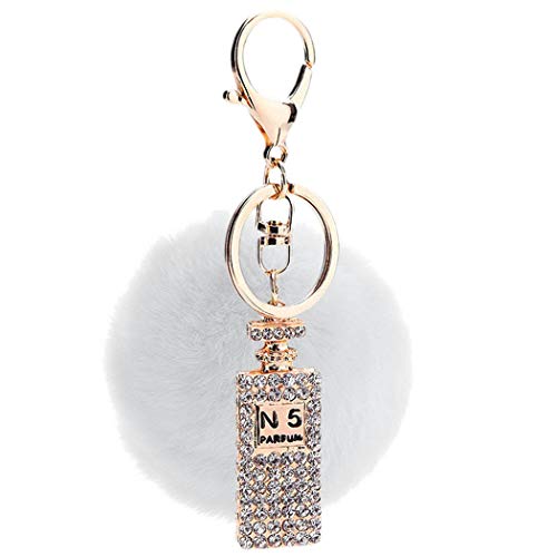 Canarea Schlüsselanhänger plüsch ball Taschenanhänger strass bommel Keychain Elegant Plüsch-Kugel Auto-Anhänger Pompom mit Strass Parfümflasche-Form Glitzer Weich Schlüsselring (weiß) von Canarea