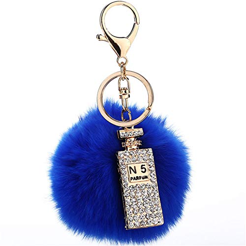 Canarea Schlüsselanhänger plüsch ball Taschenanhänger strass bommel Keychain Elegant Plüsch-Kugel Auto-Anhänger Pompom mit Strass Parfümflasche Glitzer Weich Schlüsselring (Blau) von Canarea