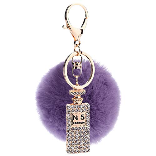 Canarea Schlüsselanhänger plüsch ball Taschenanhänger strass bommel Keychain Elegant Plüsch-Kugel Auto-Anhänger Pompom mit Strass Parfümflasche Glitzer Weich Schlüsselring (Hell Violet) von Canarea