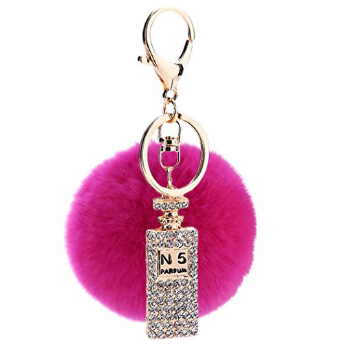 Canarea Schlüsselanhänger plüsch ball Taschenanhänger strass bommel Keychain Elegant Plüsch-Kugel Auto-Anhänger Pompom mit Strass Parfümflasche Glitzer Weich Schlüsselring (Rosa Rot) von Canarea