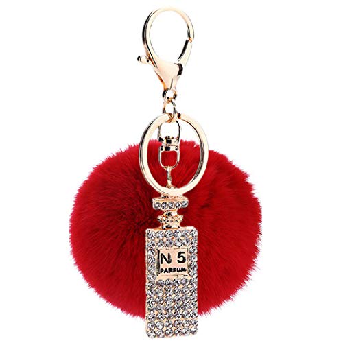 Canarea Schlüsselanhänger plüsch ball Taschenanhänger strass bommel Keychain Elegant Plüsch-Kugel Auto-Anhänger Pompom mit Strass Parfümflasche Glitzer Weich Schlüsselring (Rot) von Canarea