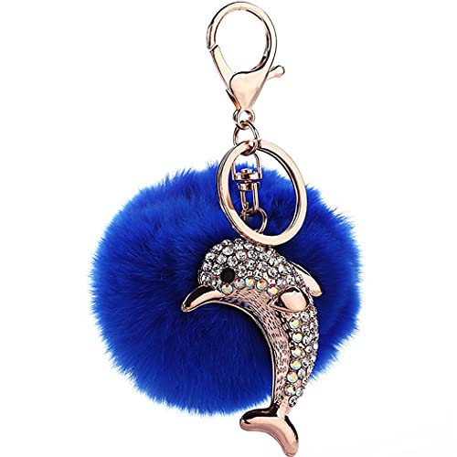 Canarea Schlüsselanhänger plüsch ball strass Glitzer Taschenanhänger bommel Keychain Elegant Plüsch-Kugel Auto-Anhänger Pompom mit Strass Mini-Delfin Weich Schlüsselring (Blau) von Canarea