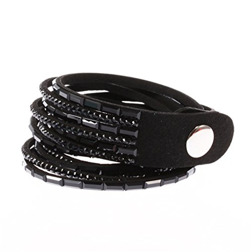 Damen Mädchen Frauen Wickelarmbänder Armband Armreif Leder Kristall Armschmuck Charm Armkettchen Verstellbar Geschenke Für Damen Frauen Mädchen Freundin (Schwarz) von Canarea