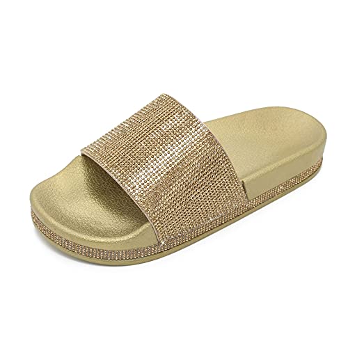 Damen Mädchen Hausschuhe Sommer Mode Sandalen Frauen flip Flops Strand Flach rutschfest Bequeme Glitzer Strass Slipper Casual Licht Pantoletten Badeschuhe (Golden, Numeric_39) von Canarea