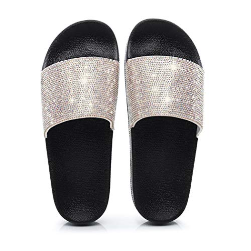 Damen Mädchen Hausschuhe Sommer Mode Sandalen Frauen flip Flops Strand Flach rutschfest Bequeme Glitzer Strass Slipper Casual Licht Pantoletten Badeschuhe (Schwarz Silber, Numeric_37) von Canarea