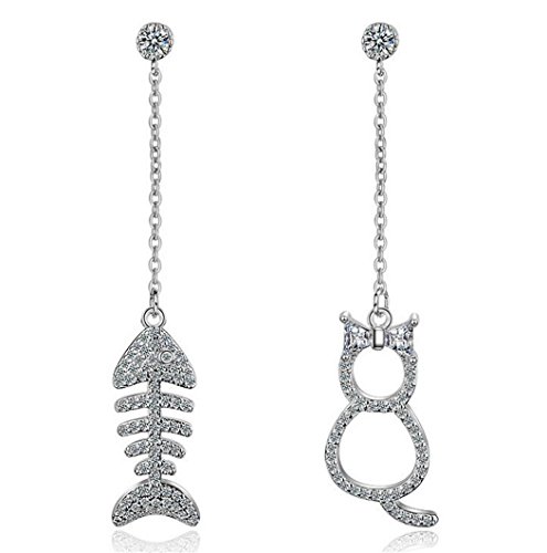 Damen Mädchen Ohrhänger Ohrringe Stecker 925er Sterling Silber Mode Elegant Lange Glitzer Katze Fisch mit Diamant Hypoallergen Süß Schmuck von Canarea