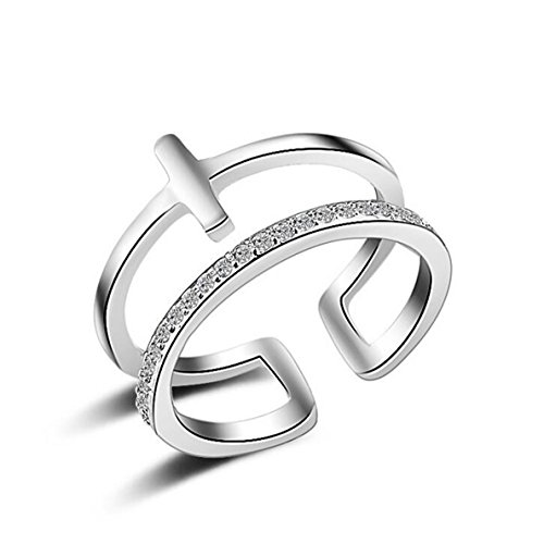 Damen Mädchen Ringe 925er Sterling Silber Hypoallergen mit Zirkonia Doppel Linien Kreuz Mode Partnerschaftsringe Zeigefinger-Ring Bandring Verstellbar von Canarea