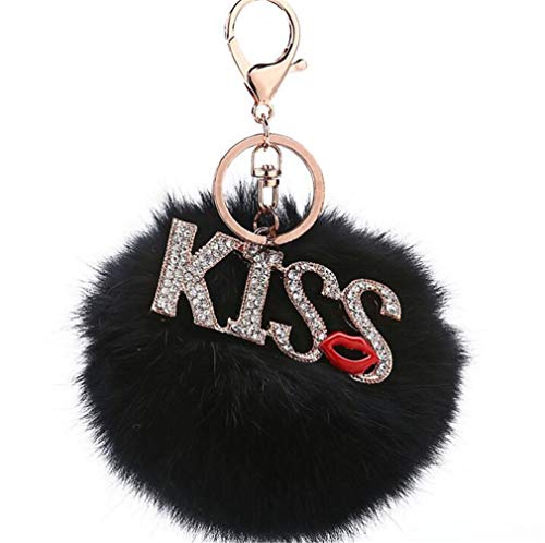 Keychain KISS Strass glänzend Schlüsselanhänger plüsch Ball TaschenanhängerElegant Plüsch-Kugel Auto-Anhänger Pompom Glitzer Weich Handtaschenanhänger Dekor Schlüsselring bommel (Schwarz) von Canarea