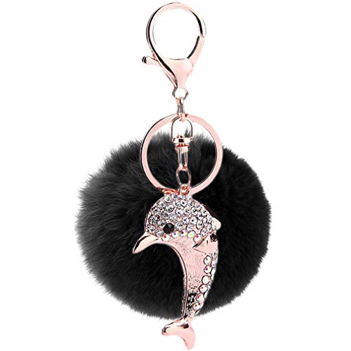 Keychain Schlüsselanhänger plüsch Ball Taschenanhänger Strass bommel Elegant Kaninchen-Pelz-Plüsch-Kugel Auto-Anhänger Pompom Weich Delphin mit Strass Dekor Schlüsselbund (Schwarz) von Canarea