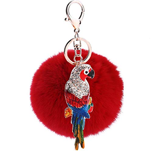 Keychain Schlüsselanhänger plüsch ball Taschenanhänger strass bommel Elegant Plüsch-Kugel Auto-Anhänger Pompom Weich Schlüsselring mit Strass Handarbeit Papagei Tier (Rot) von Canarea