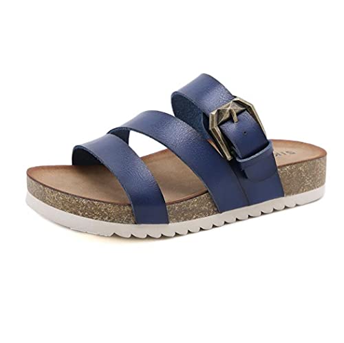 Pantoletten Damen Mädchen Hausschuhe Sommer Leder Rutschfest mit Kork-Fussbett Flip flop Strand Flach Bequeme Casual Sandale mit Leder-Laufsohle (Blau, numeric_41) von Canarea