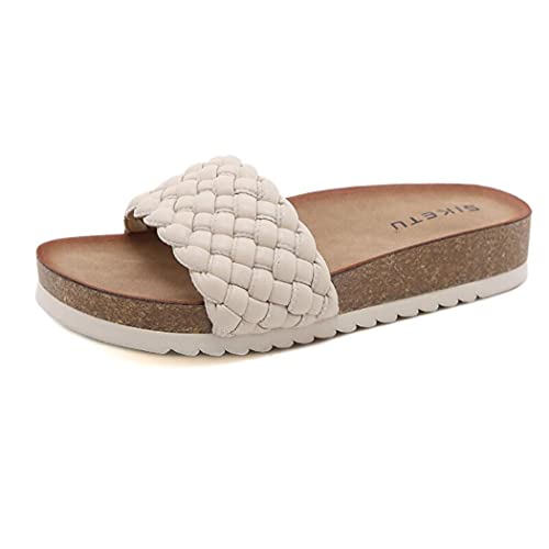 Pantoletten Damen Mädchen Hausschuhe Sommer Leder Rutschfest mit Kork-Fussbett Flip flop Strand Flach Bequeme Casual Slipper mit Leder-Laufsohle (Beige, numeric_36) von Canarea