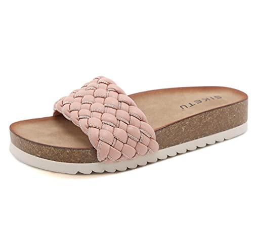 Pantoletten Damen Mädchen Hausschuhe Sommer Leder Rutschfest mit Kork-Fussbett Flip flop Strand Flach Bequeme Casual Slipper mit Leder-Laufsohle (Pink, numeric_36) von Canarea