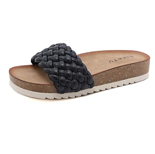 Pantoletten Damen Mädchen Hausschuhe Sommer Leder Rutschfest mit Kork-Fussbett Flip flop Strand Flach Bequeme Casual Slipper mit Leder-Laufsohle (Schwarz, numeric_38) von Canarea