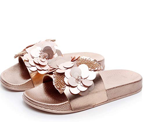 Pantoletten Hausschuhe Damen Sommer flip Flops Bling Blumen Glitzer Pailletten Sandalen ，flip Flops Frauen Mädchen Strand Flach schön Casual Sommer Slipper (Numeric_40) von Canarea