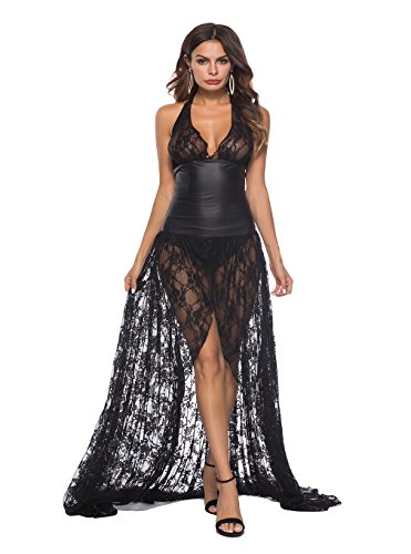 Reizwäsche Dessous Set Erotik Damen Sexy en Spitze Transparent Push up Ouvert Latex Lange Kleid Babydoll Negligee Bondage Club Nachthemd,Schwarz,große größe (2XL) von Canarea