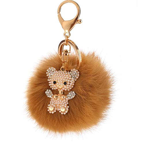 Schlüsselanhänger Plüsch Ball mit Niedlicher Bär Perle Anhänger Taschenanhänger Strass bommel Keychain Elegant Plüsch-Kugel Auto-Anhänger Pomp von Canarea