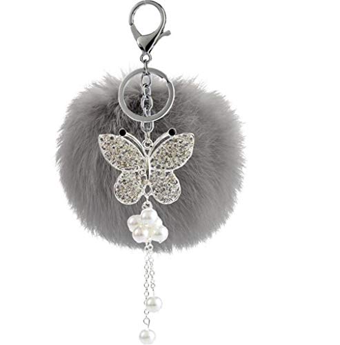 Schlüsselanhänger Pompons Plüsch Flauschige Pompom Taschenanhänger, Faux Kaninchen Pelz Plüschball mit Perlen Schmetterling Strass Kugel bommel Keychain für Handtasche Schlüssel Dekor (Grau) von Canarea