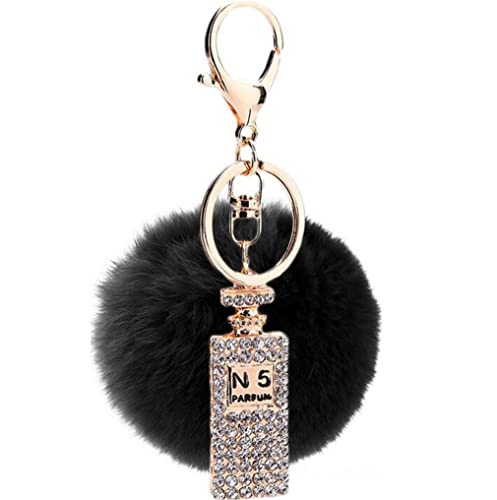 Schlüsselanhänger Pompons Plüsch Flauschige Taschenanhänger, Faux Kaninchen Pelz Plüschball mit Mini-Parfüm Strass Dekor Kugel bommel Keychain Ring für Handtasche Schlüssel AutoSchlüssel (Schwarz) von Canarea