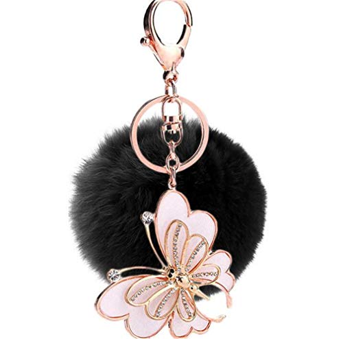Schlüsselanhänger plüsch Ball Glitzer DIY Mode Schmetterling Strass Plüsch-Kugel Pompom Weich Schlüsselring bommel Keychain Handtaschenanhänger Dekor Handarbeit Autoschlüssel-Anhänger (Schwarz) von Canarea