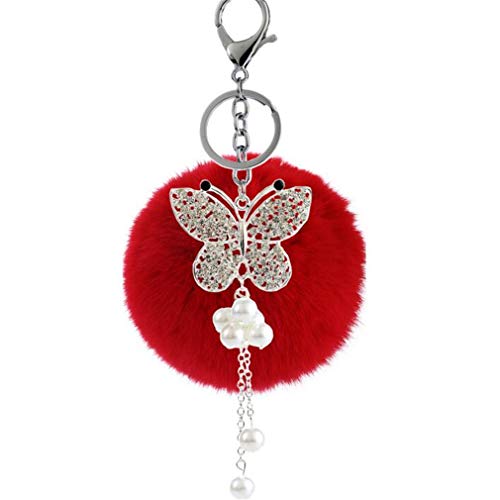 Schlüsselanhänger plüsch Ball Glitzer Schmetterling Strass Perel DIY Plüsch-Kugel Auto-Anhänger Pompom Weich Schlüsselring Handtaschenanhänger bommel Keychain Glücksbringer Geschenk (Rot) von Canarea
