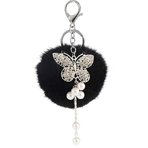Schlüsselanhänger plüsch Ball Glitzer Schmetterling Strass Perel DIY Plüsch-Kugel Auto-Anhänger Pompom Weich Schlüsselring Handtaschenanhänger bommel Keychain Glücksbringer Geschenk (Schwarz) von Canarea