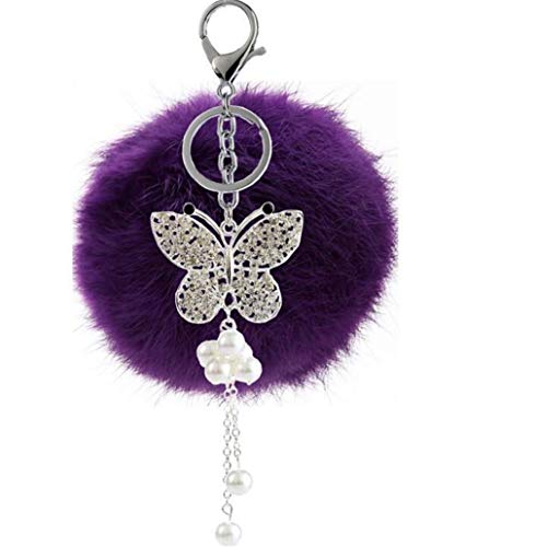 Schlüsselanhänger plüsch Ball Glitzer Schmetterling Strass Perel DIY Plüsch-Kugel Auto-Anhänger Pompom Weich Schlüsselring Handtaschenanhänger bommel Keychain Glücksbringer Geschenk (Violet) von Canarea