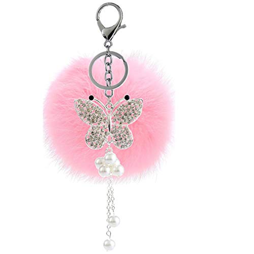 Schlüsselanhänger plüsch Ball Glizter Strass Perle DIY Schmetterling Mode Plüsch-Kugel Pompom Süß Weich Schlüsselring bommel Keychain Handtaschenanhänger Dekor Autoschlüssel-Anhänger (# 5) von Canarea