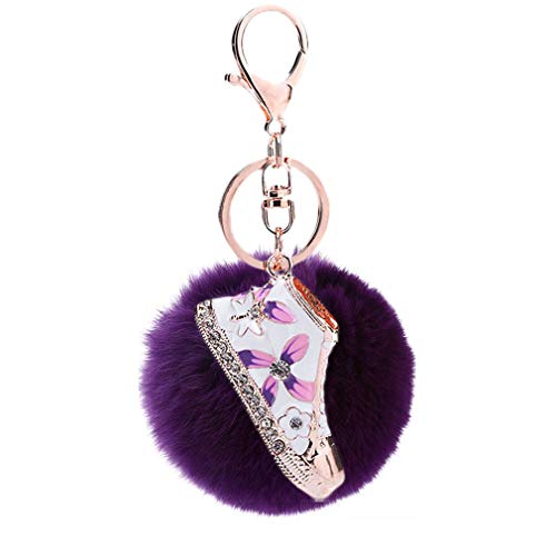 Schlüsselanhänger plüsch Ball Mode Strass Lässig Schuhe Plüsch-Kugel Pompom Charm Tasche Autoschlüssel-Anhänger Elegant Weich Schlüsselring bommel Keychain Handtaschenanhänger Dekor (Violett) von Canarea