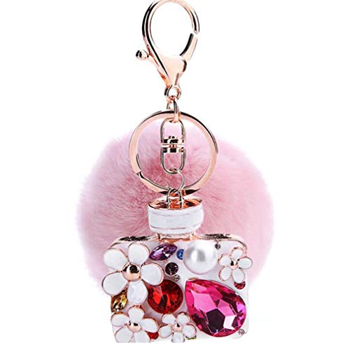 Schlüsselanhänger plüsch Ball Taschenanhänger Strass bommel Keychain Elegant Plüsch-Kugel Auto-Anhänger Pompom Weich Schlüsselring mit Strass Parfüm-Flasche Blumen (Pink) von Canarea