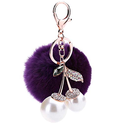 Schlüsselanhänger plüsch Ball Taschenanhänger Strass bommel Keychain Plüsch-Kugel Auto-Anhänger Pompom Mode Weich Schlüsselring Elegant mit Strass Perle Kirsche (Lila) von Canarea