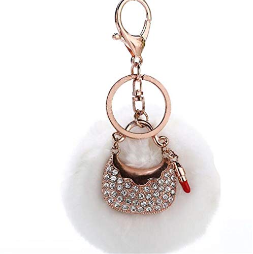 Schlüsselanhänger plüsch Ball glänzend Mini Tasche Strass Taschenanhänger Plüsch-Kugel Autoschlüssel -Anhänger Pompom Weich Schlüsselring bommel Keychain Handtaschenanhänger Dekor (Weiß) von Canarea