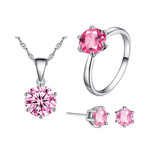 Schmuckset Silber 925 Damen Kreis Ohrringe halskette Ring Glitzer Zirkonia Schmuck set,Bling Klein Kette Ohrstecker Bandring Schmucksets für Frauen Mädchen (Pink, 8) von Canarea