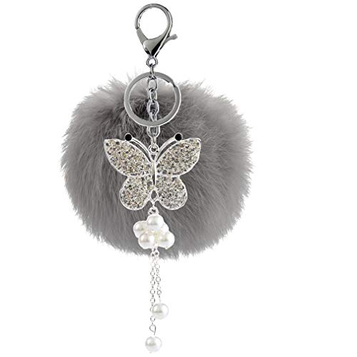 Strass bommel Keychain mit Glitzer Schmetterling Perle Anhänger Schlüsselanhänger plüsch Ball Taschenanhänger Elegant Plüsch-Kugel Auto-Anhänger Pompom Schlüsselring Handtasche Dekor (Grau) von Canarea