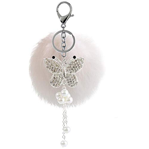 Strass bommel Keychain mit Glitzer Schmetterling Perle Anhänger Schlüsselanhänger plüsch Ball Taschenanhänger Elegant Plüsch-Kugel Auto-Anhänger Pompom Schlüsselring Handtasche Dekor (Weiss) von Canarea