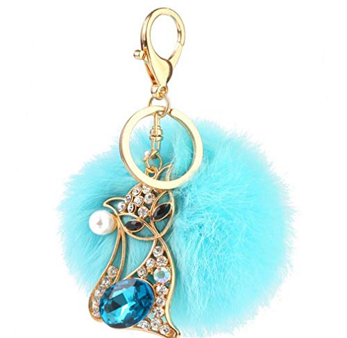 bommel Keychain Pompom mit Glitzer Fuchs Anhänger Mode Schlüsselanhänger plüsch Ball Schwarz Taschenanhänger Strass Elegant Plüsch-Kugel Auto-Anhänger Weich Schlüsselring Dekor (Hell Blau) von Canarea