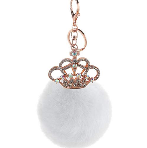 schlüsselanhänger Damen plüsch Ball Taschenanhänger Strass Krone bommel Keychain Elegant Plüsch-Kugel Auto-Anhänger Pompom Weich Schlüsselring Multi-Farbe (Weiss) von Canarea