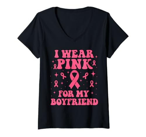 Damen Ich trage Rosa, um Meinen Freund auf Krebs aufmerksam zu Machen T-Shirt mit V-Ausschnitt Damen Ich trage Rosa, um Meinen Freund auf Krebs aufmerksam zu Machen T-Shirt mit V-Ausschnitt von Cancer Awareness Boyfriend Support Gifts Tees