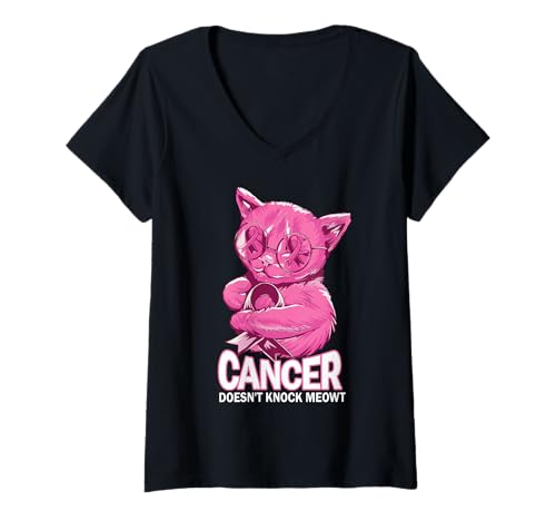 Damen Krebs klopft nicht Meowt Brustkrebs T-Shirt mit V-Ausschnitt von Cancer Awareness Design for Cat Lovers
