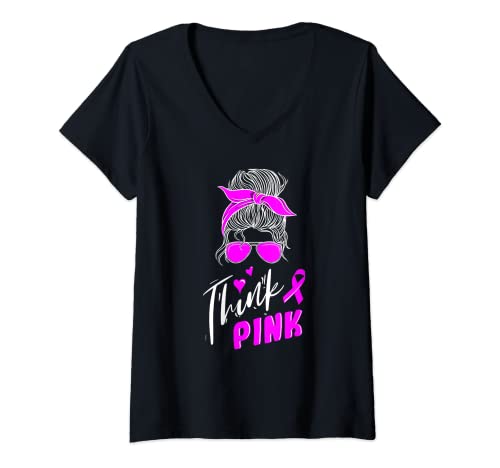 Damen Think Pink T-Shirt mit V-Ausschnitt Damen Think Pink T-Shirt mit V-Ausschnitt von Cancer Awareness Gift Clothing for Women