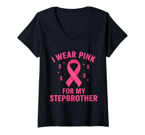 Damen Ich trage Rosa, um Meinen Stiefbruder auf Krebs aufmerksam zu Machen T-Shirt mit V-Ausschnitt Damen Ich trage Rosa, um Meinen Stiefbruder auf Krebs aufmerksam zu Machen T-Shirt mit V-Ausschnitt von Cancer Awareness Stepbrother Support Apparel Co