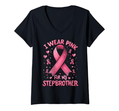 Damen Ich trage Rosa, um Meinen Stiefbruder auf Krebs aufmerksam zu Machen T-Shirt mit V-Ausschnitt Damen Ich trage Rosa, um Meinen Stiefbruder auf Krebs aufmerksam zu Machen T-Shirt mit V-Ausschnitt von Cancer Awareness Stepbrother Support Tees