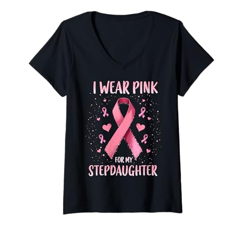 Damen Ich trage Rosa, um Meine Stieftochter auf Krebs aufmerksam zu Machen T-Shirt mit V-Ausschnitt Damen Ich trage Rosa, um Meine Stieftochter auf Krebs aufmerksam zu Machen T-Shirt mit V-Ausschnitt von Cancer Awareness Stepdaughter Support Apparel Co