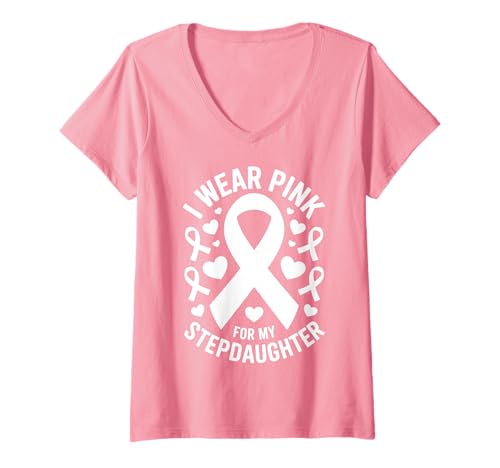 Damen Ich trage Rosa, um Meine Stieftochter auf Krebs aufmerksam zu Machen T-Shirt mit V-Ausschnitt Damen Ich trage Rosa, um Meine Stieftochter auf Krebs aufmerksam zu Machen T-Shirt mit V-Ausschnitt von Cancer Awareness Stepdaughter Support Tees & Gifts