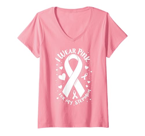 Damen Ich trage Rosa, um Meine Stiefmutter auf Krebs aufmerksam zu Machen T-Shirt mit V-Ausschnitt Damen Ich trage Rosa, um Meine Stiefmutter auf Krebs aufmerksam zu Machen T-Shirt mit V-Ausschnitt von Cancer Awareness Stepmom Support Tees Gifts Co