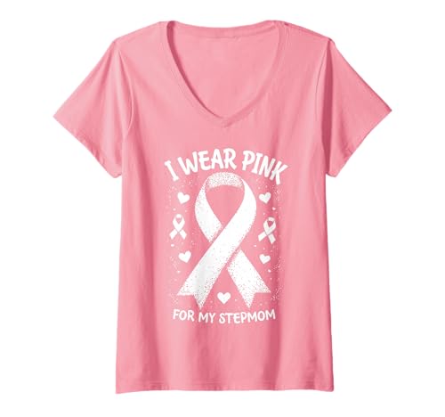 Damen Ich trage Rosa, um Meine Stiefmutter auf Krebs aufmerksam zu Machen T-Shirt mit V-Ausschnitt Damen Ich trage Rosa, um Meine Stiefmutter auf Krebs aufmerksam zu Machen T-Shirt mit V-Ausschnitt von Cancer Awareness Stepmom Support Tees Gifts Co